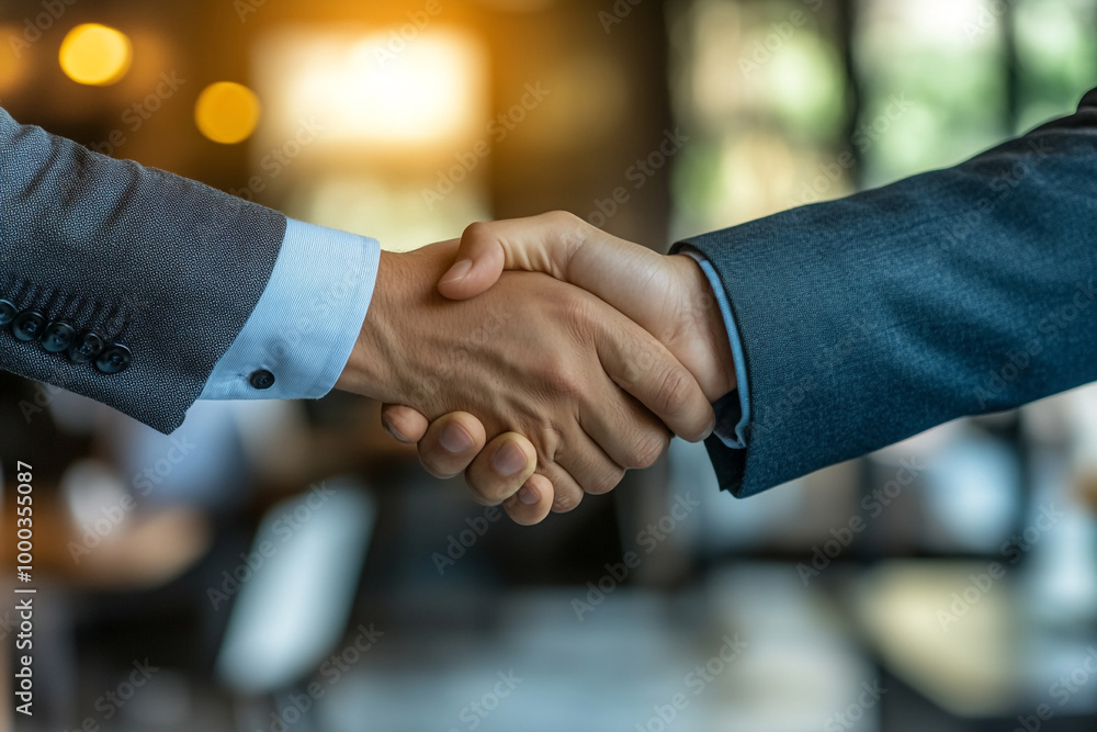 Businessmen shaking hands over a blurred office background Businessmen shaking hands over a blurred office background