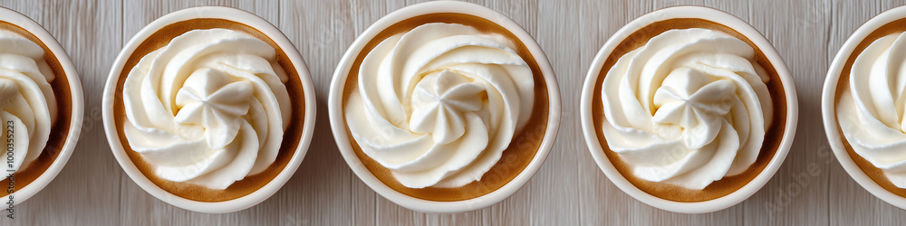 Rows of coffee cups with whipped cream topping, creating a visually pleasing pattern arrangement concept Rows of coffee cups with whipped cream topping, creating a visually pleasing pattern arrangement concept