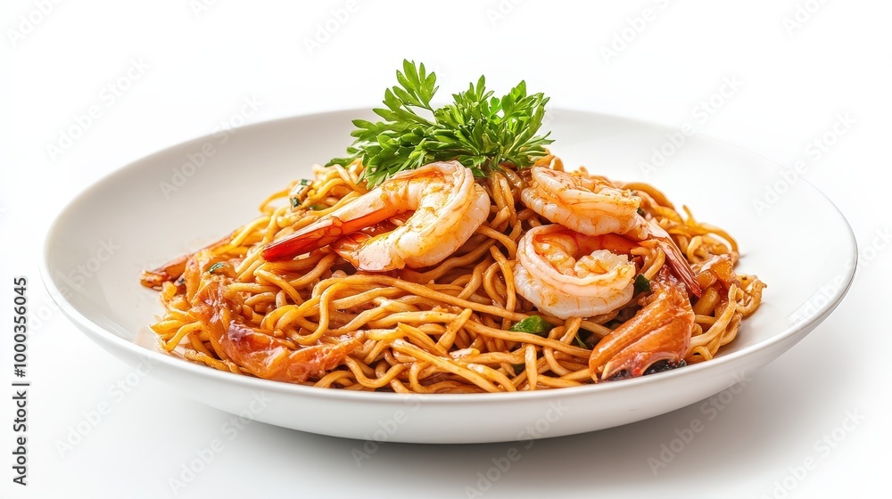 Exquisite Stir-Fried Noodles with Shrimp and Squid Delicacies on White Plate - Culinary Perfection in Minimalist Setting Exquisite Stir-Fried Noodles with Shrimp and Squid Delicacies on White Plate - Culinary Perfection in Minimalist Setting
