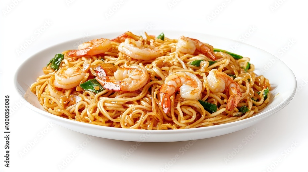 Exquisite Stir-Fried Noodles with Shrimp and Squid on White Plate - Gourmet Seafood Dish Ready for Menu Display