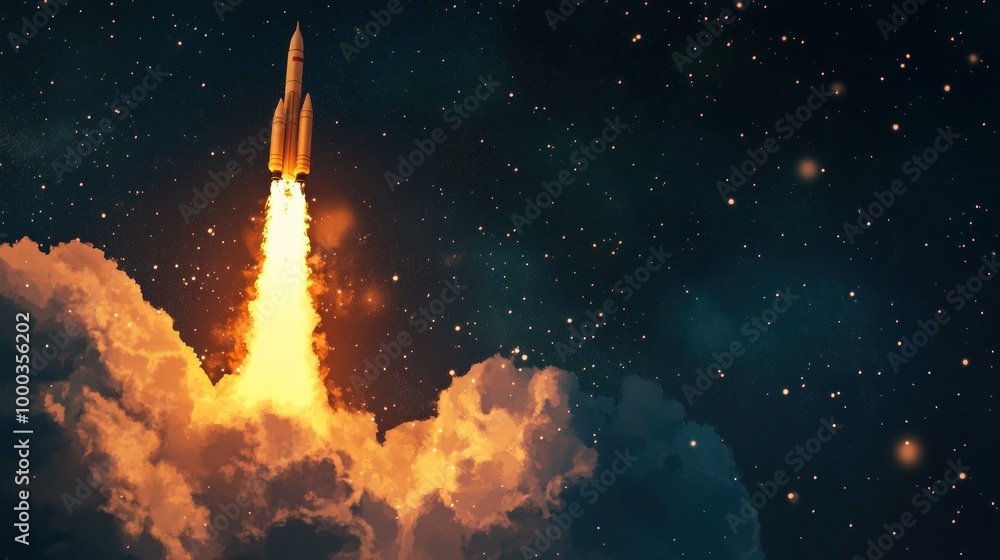 Obraz premium A Rocket Launching Through Clouds and Stars