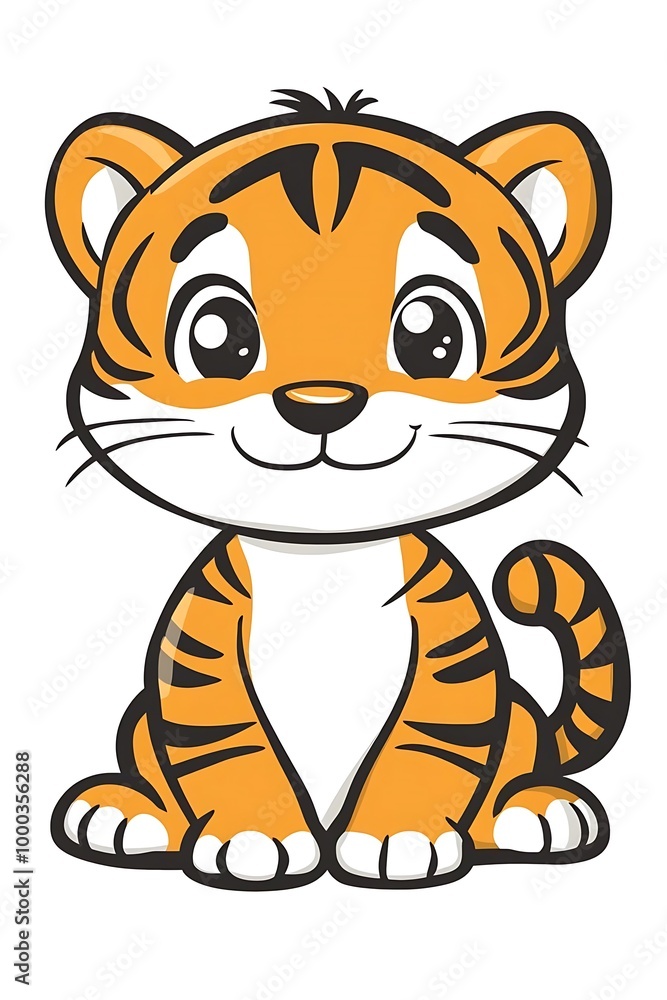 Cute Cartoon Tiger Cub Sitting with Big Eyes Cute Cartoon Tiger Cub Sitting with Big Eyes