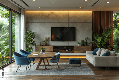 Modern interior of an office, dining table with blue chairs and TV on the wall, beige walls and floor, minimalistic design, window view, natural light.