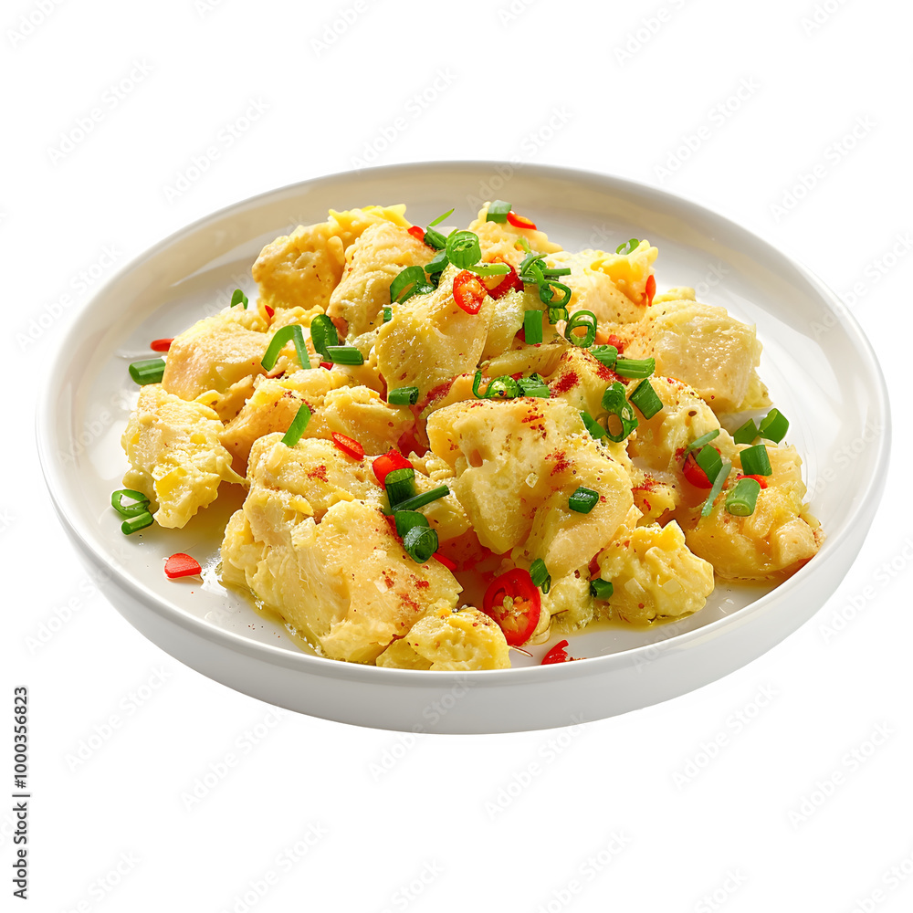 Plate of fluffy scrambled eggs topped with fresh green onions and red chili peppers, creating a vibrant and appetizing breakfast dish Plate of fluffy scrambled eggs topped with fresh green onions and red chili peppers, creating a vibrant and appetizing breakfast dish