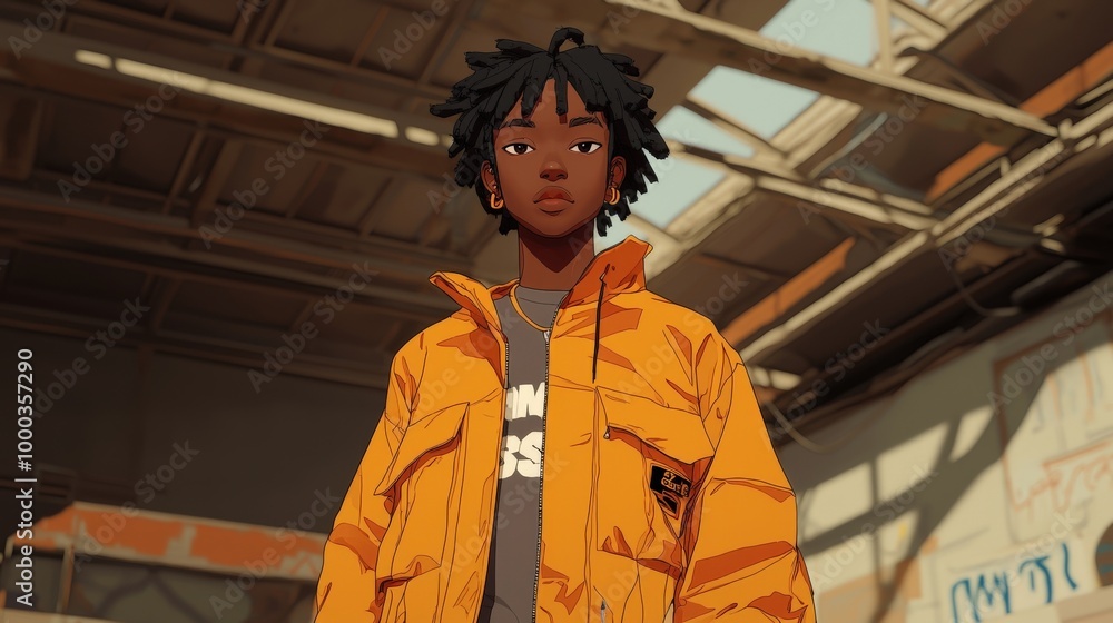 Fashionable Anime Style Black Man in Urban Setting Fashionable Anime Style Black Man in Urban Setting