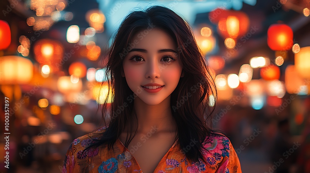 Obraz premium Smiling Asian Woman in the City at Night with Lanterns in Background