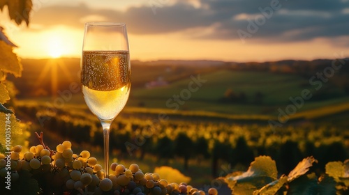 Elegant Champagne Glass with Grapes in Vineyard Sunset - Luxurious Wine Country Setting with Copy Space photo