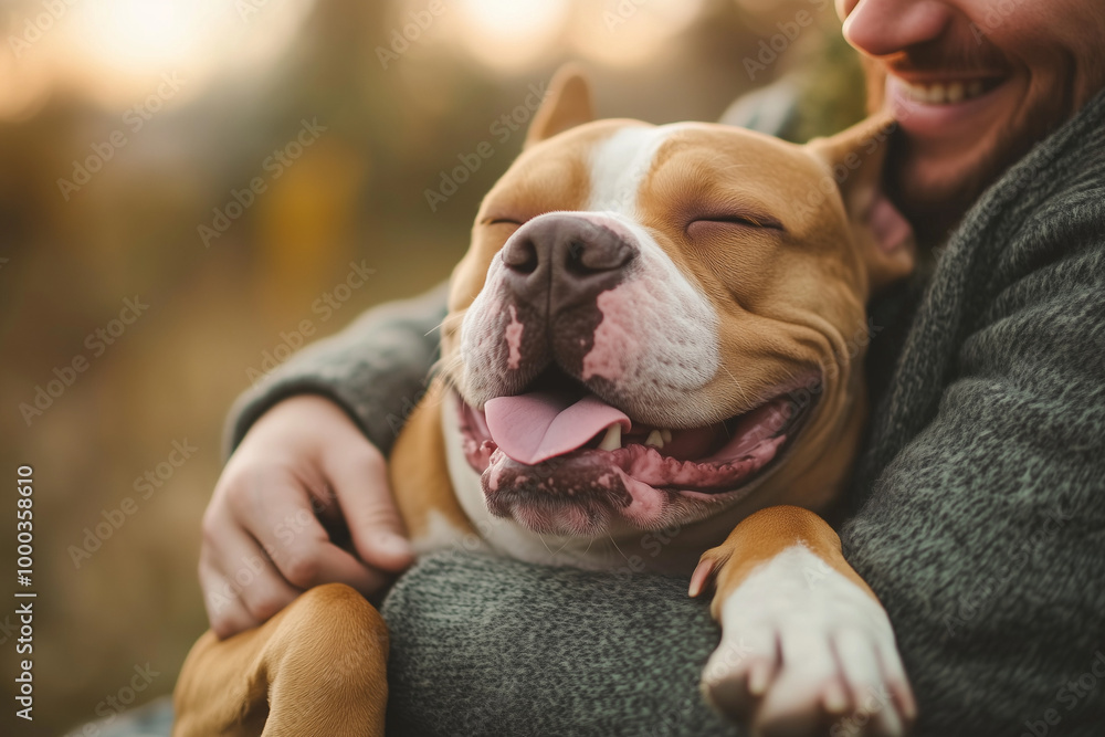 portrait of a person with an American bulldog giving a hug, fall setting portrait of a person with an American bulldog giving a hug, fall setting