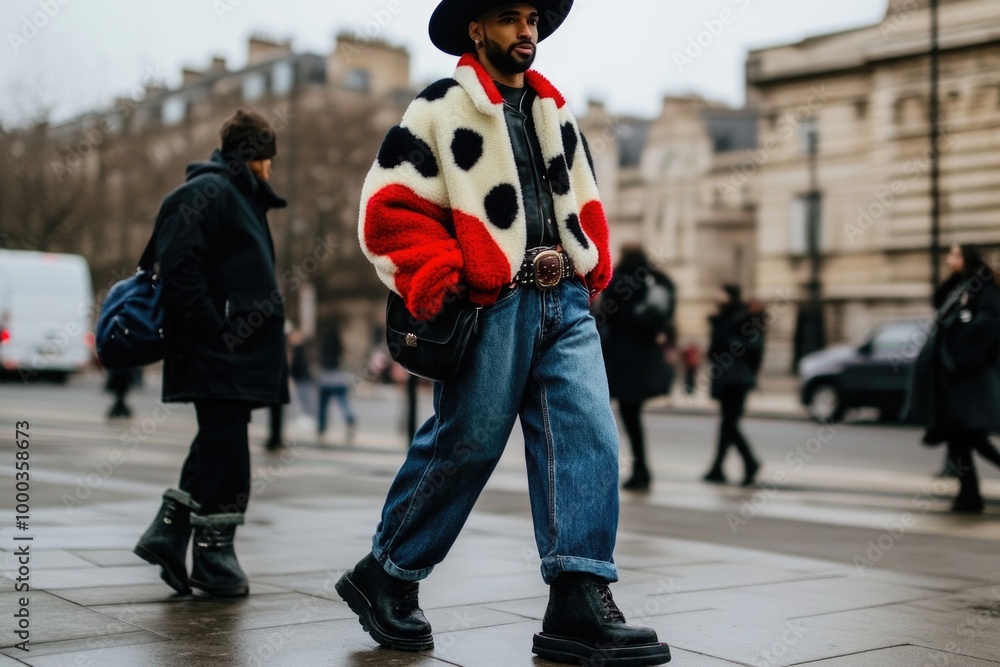 Bold street style: colorful jacket and denim fashion statement in urban setting