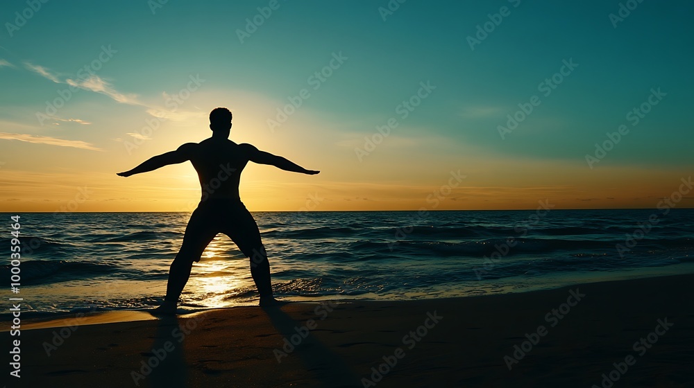 Fototapeta premium Silhouette of a man standing on a beach with arms outstretched, facing the sunset.