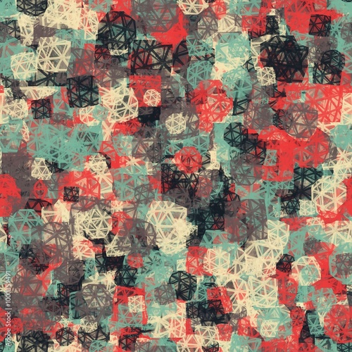 Seamless pattern lattice shell structure design. Mixed background with different colors. Black, light blue, carbon grey, coral red and navajo light colors