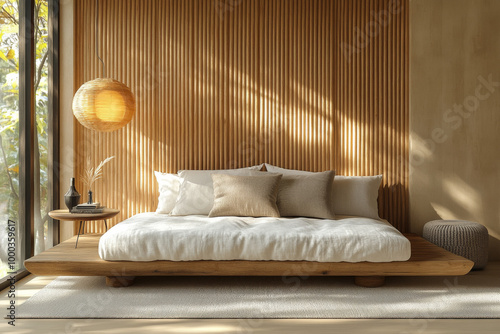 3D rendering of a wooden slat wall background in a bedroom interior mock-up with a minimal bed and table lamp on a light-colored floor, closeup. Scandinavian home decor concept.