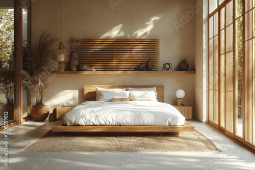 3D rendering of a minimal interior design mockup with a wooden slat wall background. The room has a light-colored floor and a modern bed, table lamp, and accessories on the shelf. 