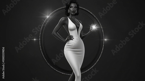 Elegant woman in white gown with sparkling jewelry on dark background