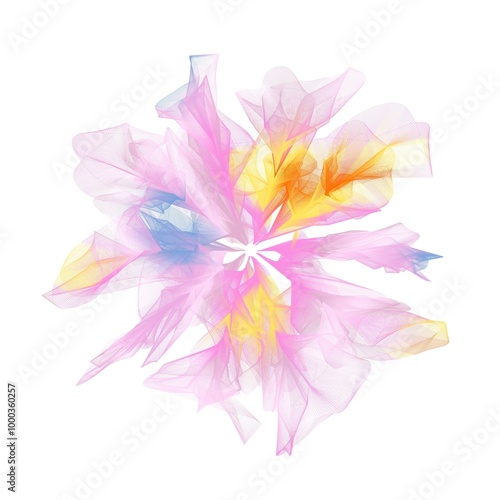 Beautiful abstract flower on the white background. Denim blue, light fuchsia pink, mango orange and yellow tan colors. Hand drawn art