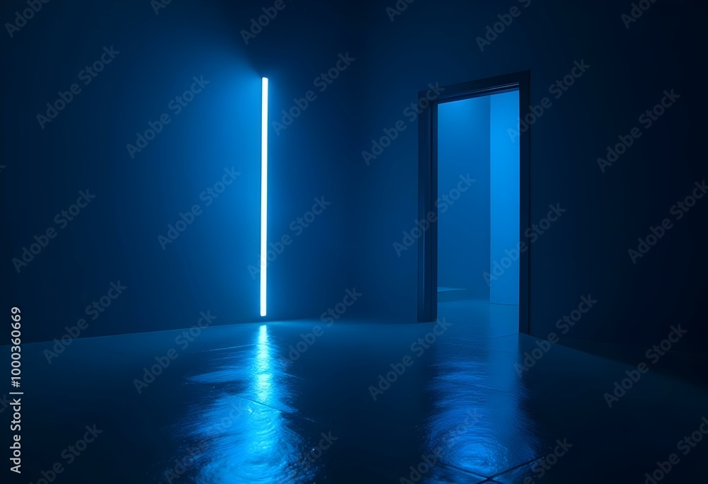A futuristic setting featuring blue neon light cutting through a black environment, casting sharp shadows create with ai A futuristic setting featuring blue neon light cutting through a black environment, casting sharp shadows create with ai