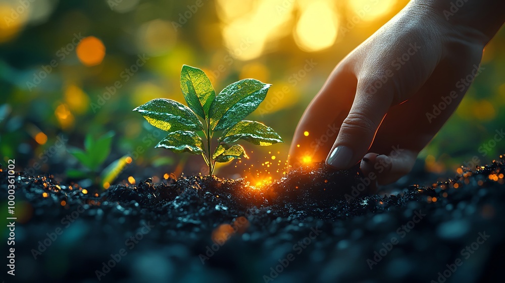 Fototapeta premium A Hand Planting a Seedling at Sunset