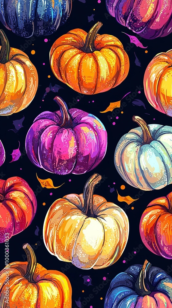 A pattern of cute, colorful pumpkins on a black background, digital art in... A pattern of cute, colorful pumpkins on a black background, digital art in...