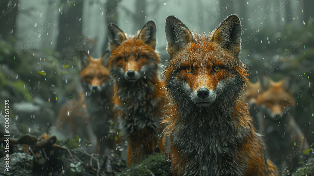 Fototapeta premium Three foxes are standing in a forest, with one of them looking directly at the camera. The scene is dark and moody, with the rain adding to the atmosphere. The foxes appear to be wet and muddy