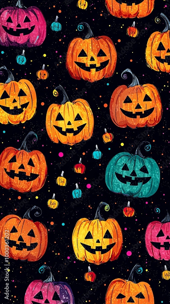 a pattern of cute pumpkins, vibrant colors on a black background, a colorful... a pattern of cute pumpkins, vibrant colors on a black background, a colorful...