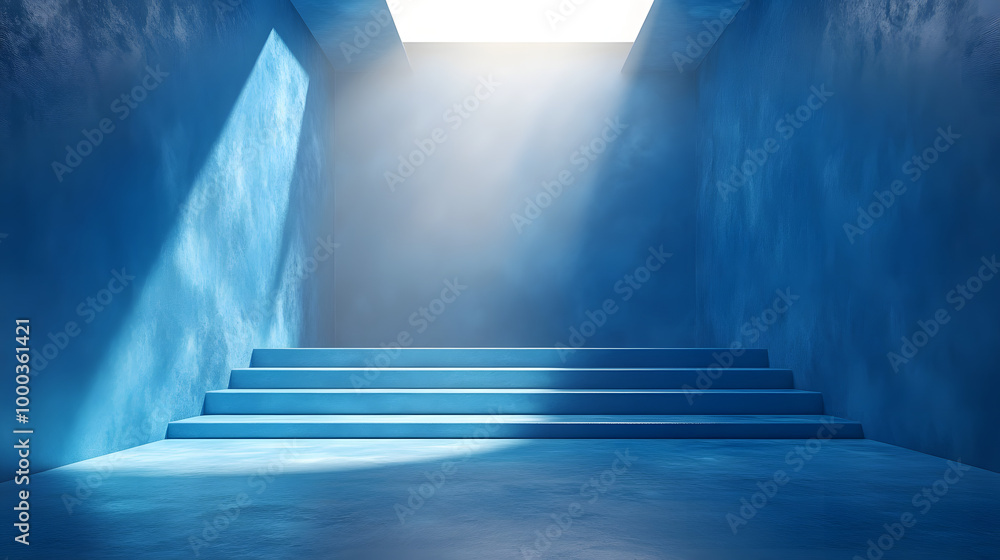 Obraz premium Serenity in Blue: Sunlit Room with Potted Plant and Large Window Casting Soft Shadows