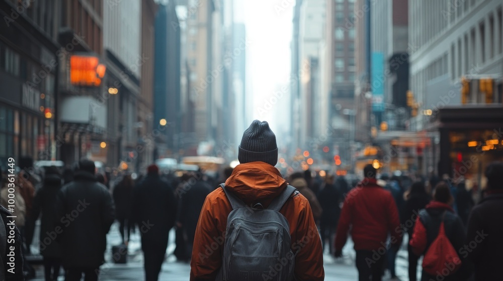 Person with Backpack Walking Through a City Street Person with Backpack Walking Through a City Street