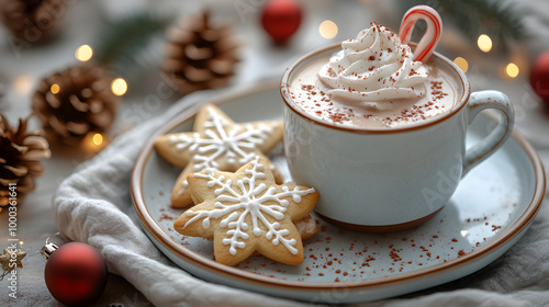 Festive Indulgence: A Cozy Display of Christmas Cookies and a Peppermint-Whipped Hot Chocolate Delight