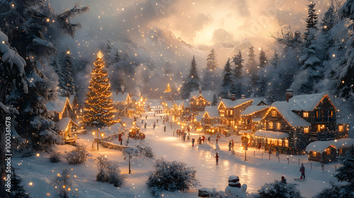 Enchanted Winter Village: A Picturesque Holiday Scene with a Christmas Tree, Snow-Covered Cabins, and Ice Skaters in a Glowing Festive Wonderland photo