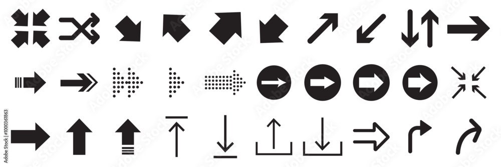 Arrow icon collection set. Containing download, upload, refresh, reload, shuffle, sync, expand icon. Simple line vector. Arrow icon collection set. Containing download, upload, refresh, reload, shuffle, sync, expand icon. Simple line vector.