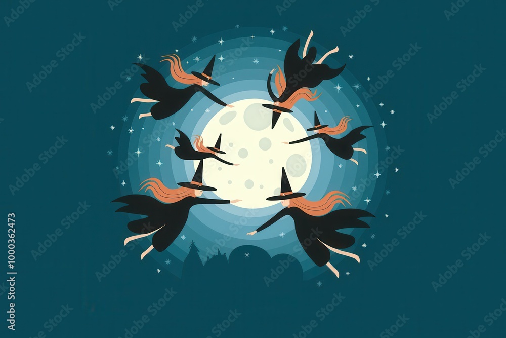 Whimsical Witches Flying on Broomsticks Against a Full Moon - Dark Teal Halloween Illustration for Party Decorations and Marketing Materials Whimsical Witches Flying on Broomsticks Against a Full Moon - Dark Teal Halloween Illustration for Party Decorations and Marketing Materials