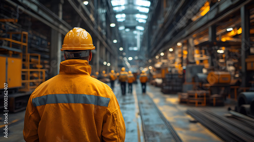 Industrial Worker in Reflective Gear Walking Through a Rain-Soaked Factory at Dusk