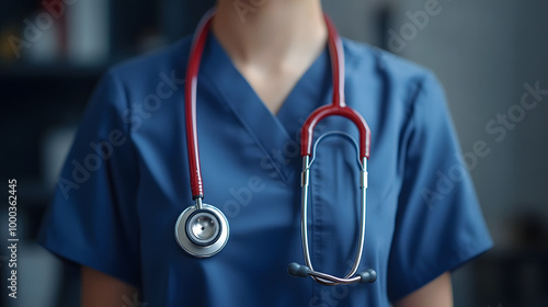 Frontline Care: A Medical Professional in Blue Scrubs with a Red Stethoscope Poised for Compassionate Healthcare photo