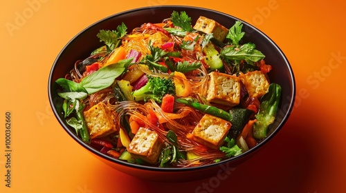 Vibrant Glass Noodle Stir-Fry with Colorful Veggies and Tofu - Delicious Food Photography on Orange Background photo