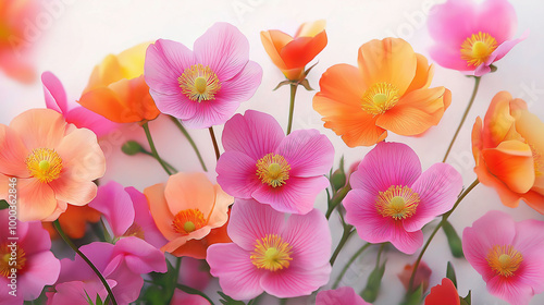 Vibrant pink, orange, yellow flowers with delicate petals, soft background, blooming beauty concept