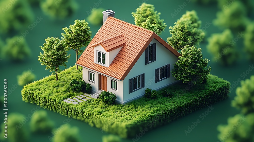 Miniature house model on a green grass patch with trees, isolated on green background. Concept of home, real estate, nature and sustainability. Miniature house model on a green grass patch with trees, isolated on green background. Concept of home, real estate, nature and sustainability.
