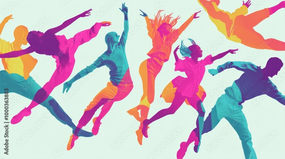 Colorful Silhouettes of Dancers Leaping in the Air Colorful Silhouettes of Dancers Leaping in the Air