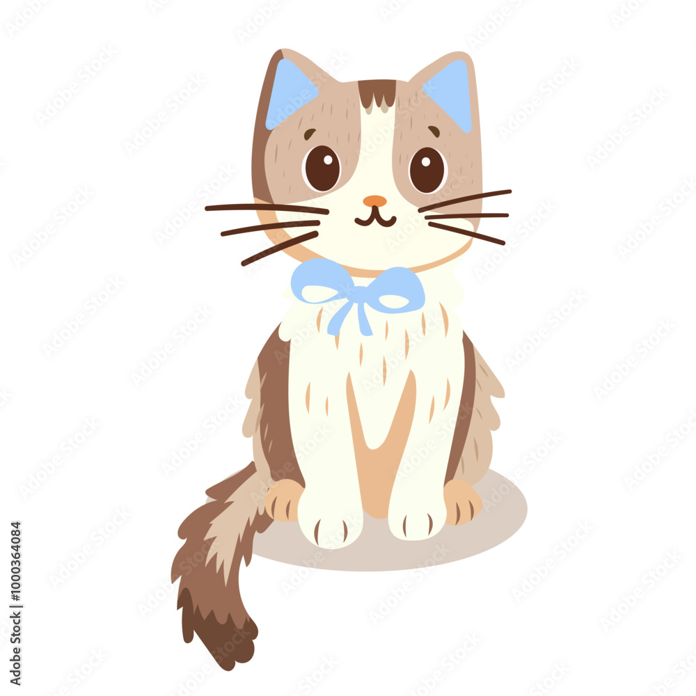 Obraz premium Vector illustration, cute kitten, sitting fluffy, bow, paws, isolated, flat
