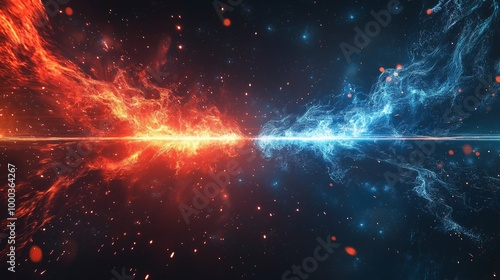 Fiery red and electric blue energy clash in cosmic battle concept, perfect for science fiction illustrations and fantasythemed designs