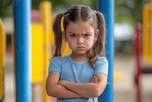 Young girl frowning with crossed arms at playground, expressing frustration in a casual outfit outdoors photo