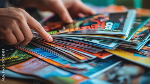 Wallpaper Mural Hands flipping through vibrant Black Friday ads with bold sales percentages and product images, spread across a table in a bright and modern setting. Black Friday Torontodigital.ca