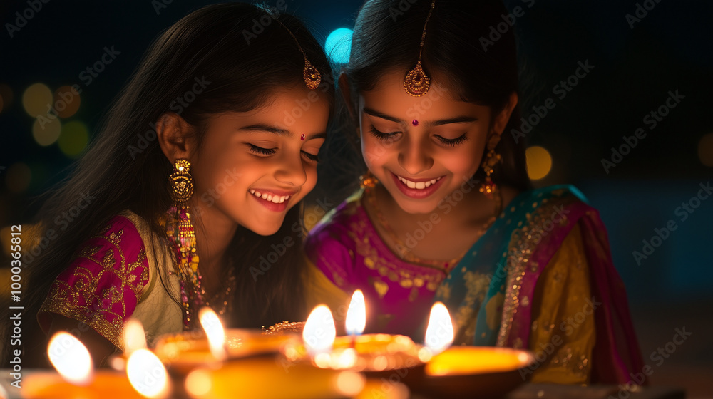 Young Girls Celebrate Diwali with Traditional Attire, diyas, oil lamps, lights Young Girls Celebrate Diwali with Traditional Attire, diyas, oil lamps, lights
