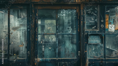 An abandoned ticket booth with dusty glass windows.