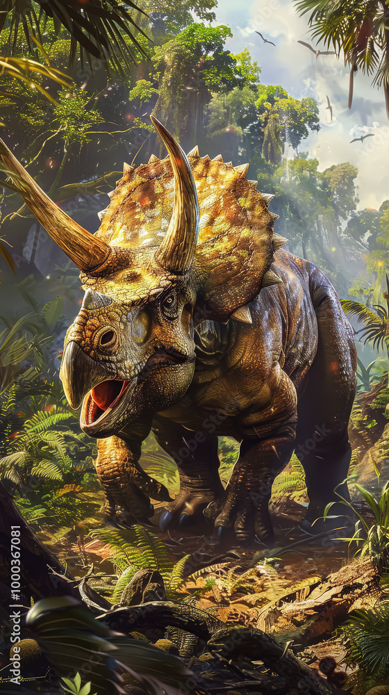 Fototapeta premium Large dinosaur with a horn on its head is walking through a jungle. The scene is full of life and energy, with birds flying overhead and trees surrounding the dinosaur
