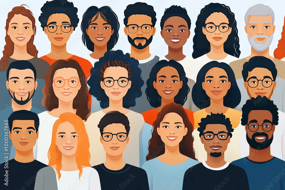 Group of diverse male and female faces in different skin tones and hair styles celebrating inclusivity cultural representation and modern community in flat design Group of diverse male and female faces in different skin tones and hair styles celebrating inclusivity cultural representation and modern community in flat design