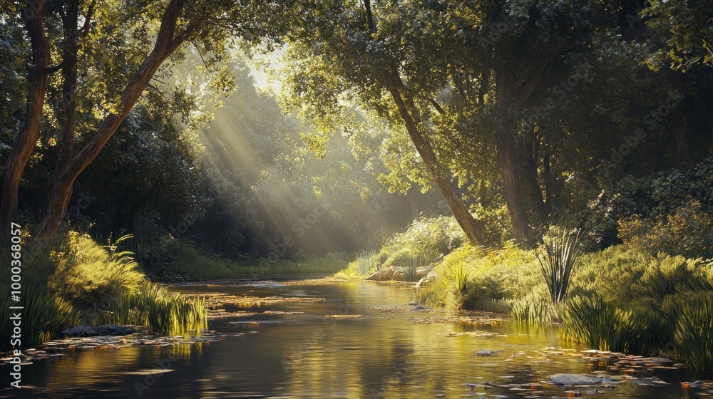Sunbeams Illuminating a Tranquil Forest Stream Sunbeams Illuminating a Tranquil Forest Stream