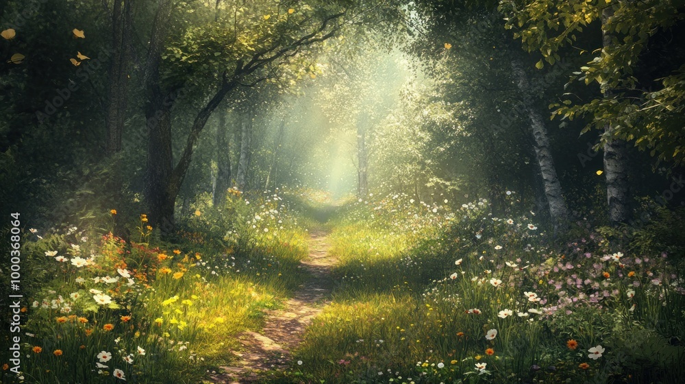Sunlit Forest Path with Blooming Wildflowers Sunlit Forest Path with Blooming Wildflowers