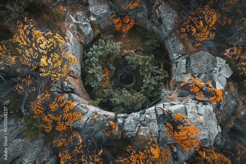 Aerial view of a deep hole surrounded by rocks and vegetation, creating a mysterious and intriguing scene photo