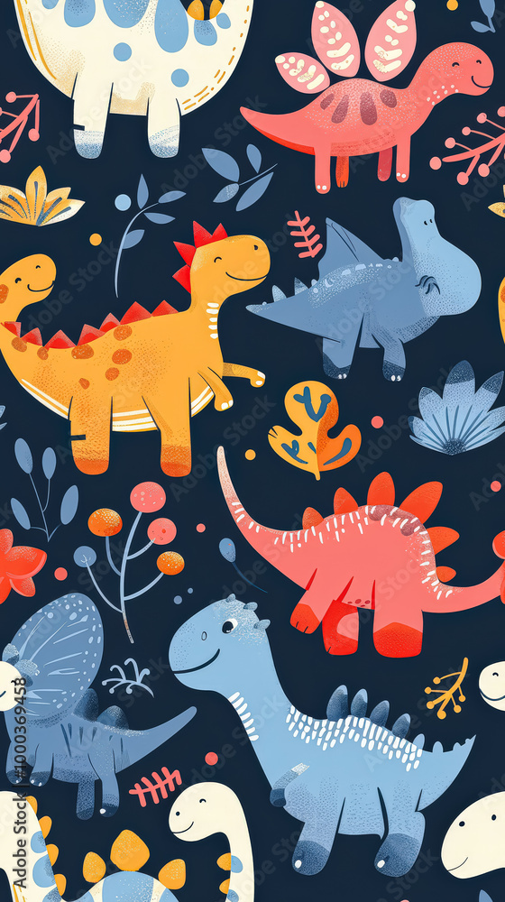 Colorful pattern of dinosaurs and flowers. The dinosaurs are smiling and the flowers are green. Scene is cheerful and playful Colorful pattern of dinosaurs and flowers. The dinosaurs are smiling and the flowers are green. Scene is cheerful and playful