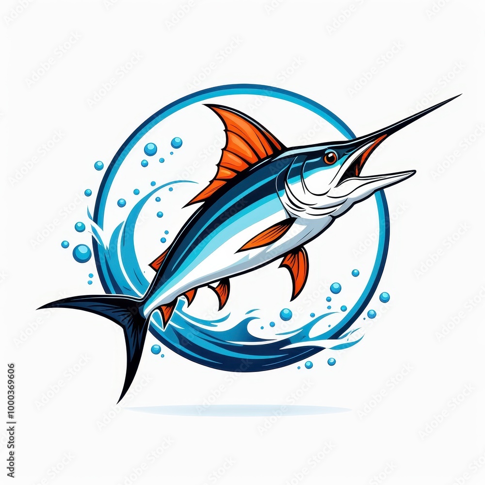 A stylized marlin jumping through waves, showcasing vibrant colors and dynamic movement. A stylized marlin jumping through waves, showcasing vibrant colors and dynamic movement.