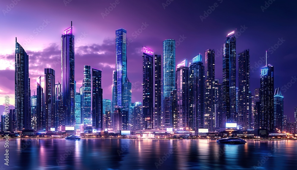 Night cityscape with skyscrapers and boats reflecting in the water. Night cityscape with skyscrapers and boats reflecting in the water.
